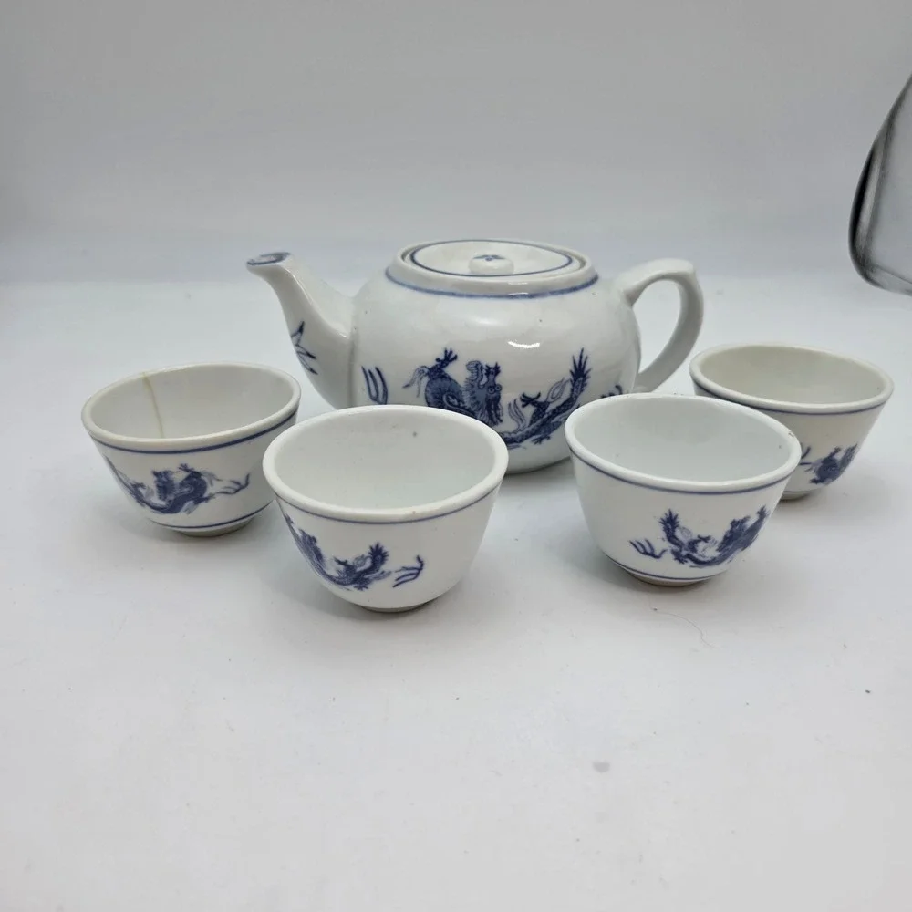 Pier 1 Imports Blue White Dragon Porcelain Tea Set Teapot 4 Cups Made in China